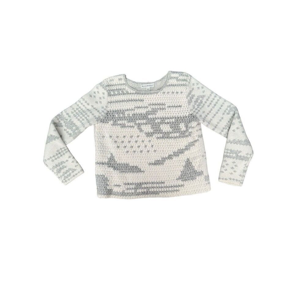 WARREN + WHITE Women Crotchet Front Knit Chunky Sweater Size M Ivory & Gray